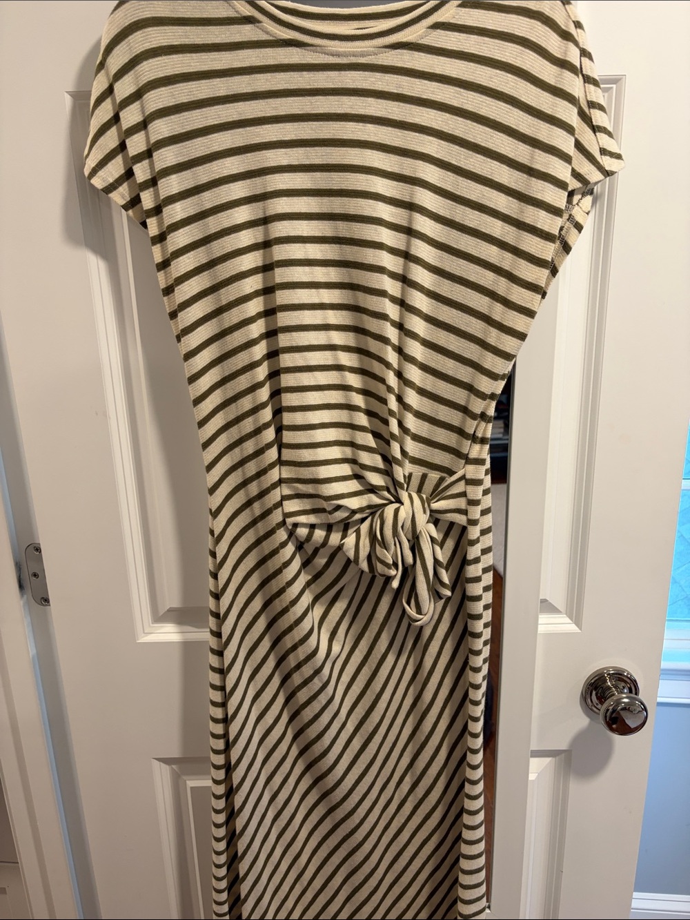 Apiece Apart Cream and Olive Striped Knot-Front Midi Dress